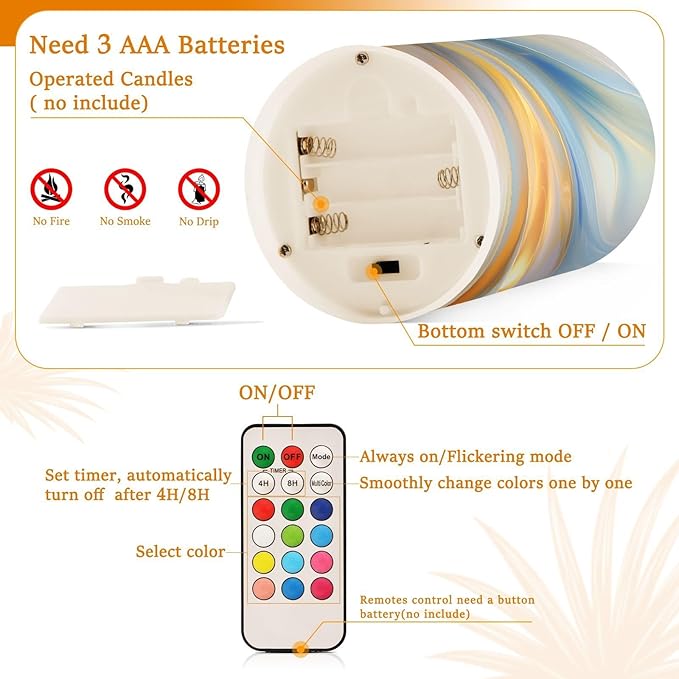 Flickering Flameless Candles, Blue Gold Marble LED Candles with Remote Timer, Set of 2 Battery Operated Candle for Valentine Wedding Birthday-VerdiqueGarden