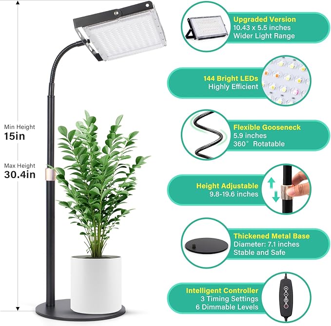 LBW Grow Light for Indoor Plants, 144 LED Full Spectrum Plant Light for Indoor Plants, Large Desk Grow Lamp with 4H/8H/12H Timer, 6-Level Brightness, Height Adjustable, Flexible Gooseneck-VerdiqueGarden