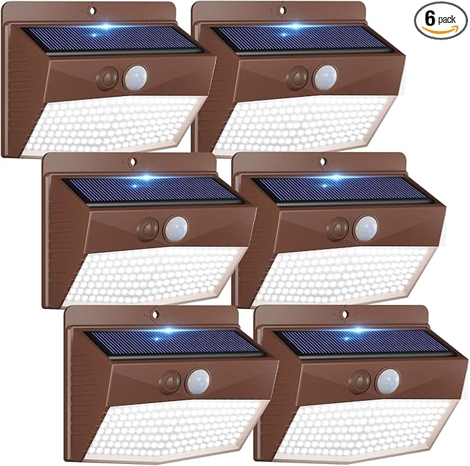 Peasur 6 Packs Solar Outdoor Lights Motion Sensor Solar Security Lights Waterproof with 3 Lighting Modes Solar Powered Wall Lights Outside for Garden Fence Yard Deck, Brown-VerdiqueGarden