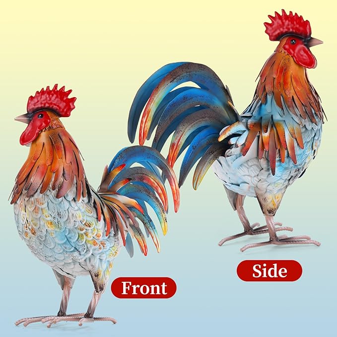 Metal Rooster Decor Garden Statue,Yard Chicken Decorations Outdoor Sculpture for Backyard Patio Kitchen Lawn Ornaments,Birthday for Women Mom-VerdiqueGarden