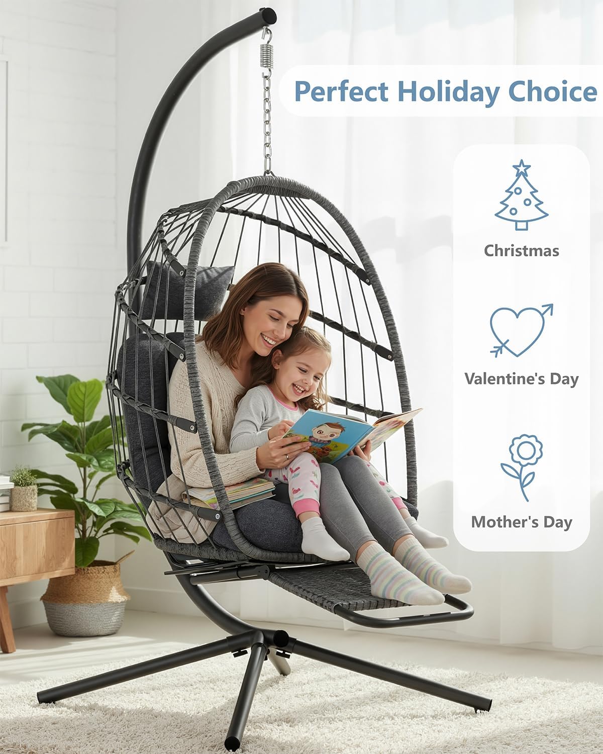 SWITTE Egg Chair Outdoor with Footrest & Stand, Indoor Wicker Hanging Egg Swing Chair with Cushion for Patio, Bedroom, Garden - Dark Gray-VerdiqueGarden