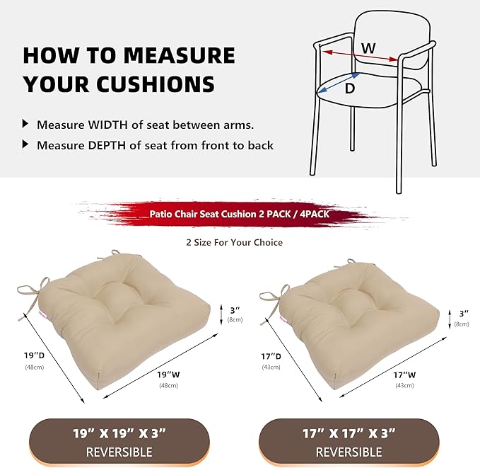 RACE LEAF Outdoor Seat Cushions Set of 2, 17" x 17" Square Patio Cushions, Plump Filling Tufted Water-Resistant Olefin Chair Seat Cushion with Ties for Non-Slip Support, Khaki-VerdiqueGarden