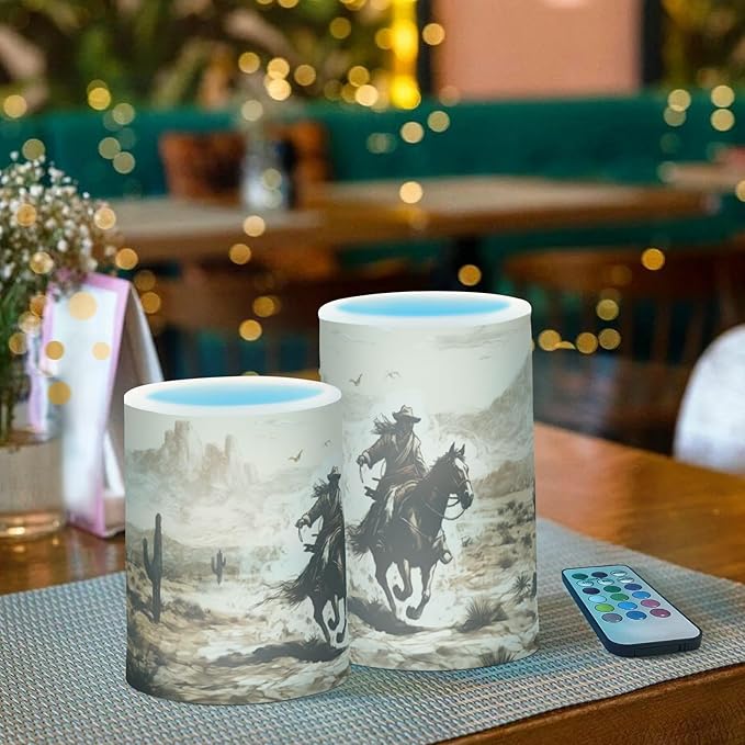 Western Desert Cowboy Flameless Candles with Remote Control and Timer, Adjustable Brightness Long Lasting Battery Operated LED Pillar Candles for Indoor Outdoor Party Home Decor, 2 Pack-VerdiqueGarden