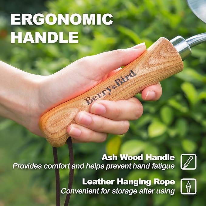 Berry&Bird Perennial Trowel, Oversized Garden Potting Trowel with Sharp Blade Wood Hand Shovel, Stainless Steel Planting Trowel Gardening Tool for Roots,Planting,Digging,Transplanting and Cutting-VerdiqueGarden