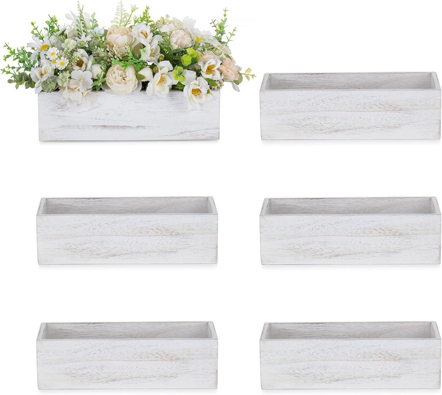 NUPTIO Flower Box Rectangle Centerpieces: 6 Pcs 11.8" Long Wood Vase Boxes Small Rustic Washed White Centerpiece Box for Wedding Tables Fall Decor-VerdiqueGarden