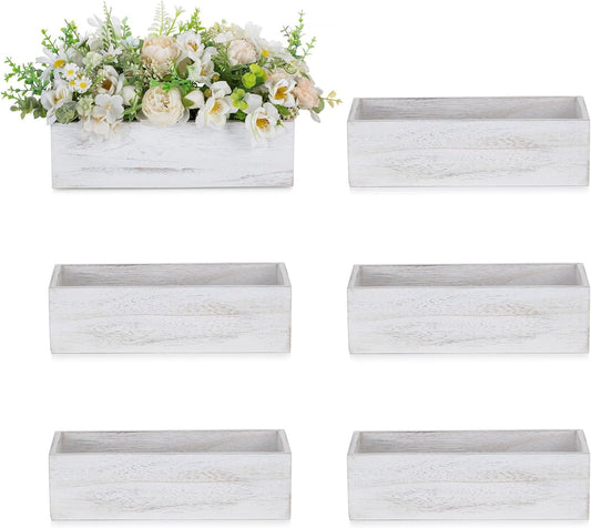 NUPTIO Flower Box Rectangle Centerpieces: 6 Pcs 11.8" Long Wood Vase Boxes Small Rustic Washed White Centerpiece Box for Wedding Tables Fall Decor-VerdiqueGarden