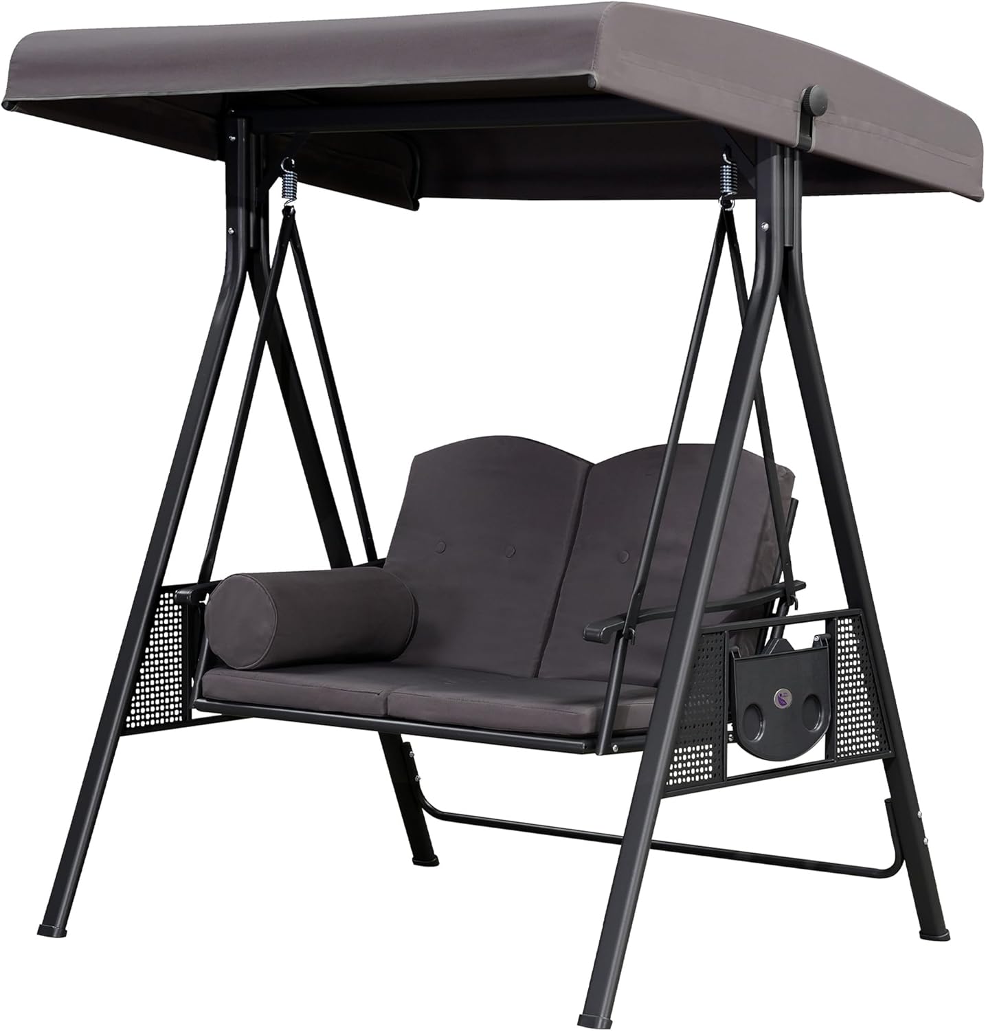 PURPLE LEAF Outdoor Patio Porch Swing with Stand, 2-seat Swing Chair with Adjustable Tilt Canopy All-Weather Steel Frame for Backyard Front Porch Lawn, Cushions and Pillow Included, Grey-VerdiqueGarden