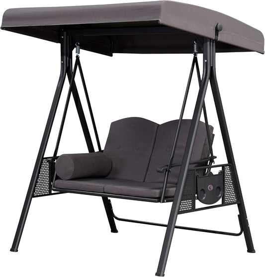 PURPLE LEAF Outdoor Patio Porch Swing with Stand, 2-seat Swing Chair with Adjustable Tilt Canopy All-Weather Steel Frame for Backyard Front Porch Lawn, Cushions and Pillow Included, Grey-VerdiqueGarden