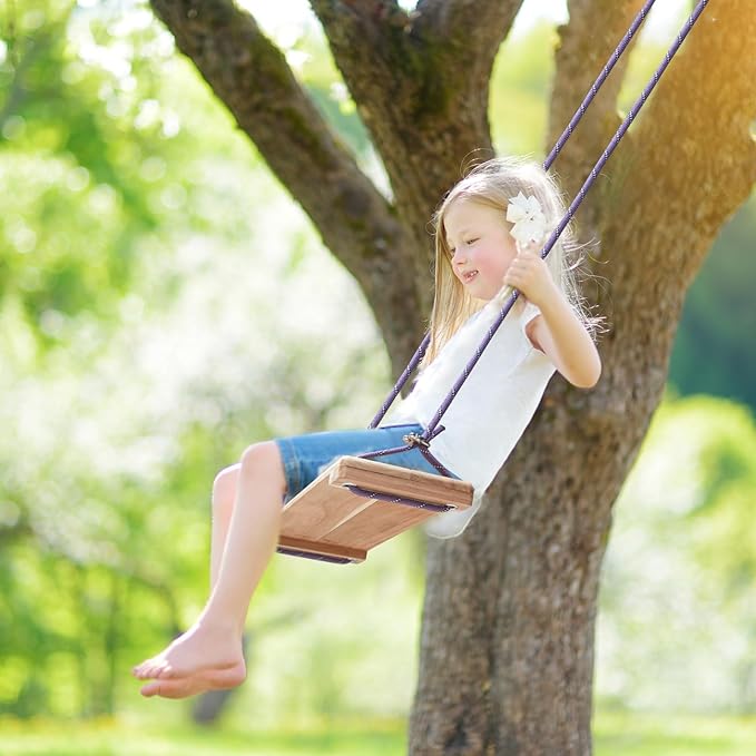 Teak Wooden Swing, Outdoor Wood Tree Swing Seat for Kids or Adults for Backyard Columpio, Height Adjustable (20.5x7.5inch)-VerdiqueGarden