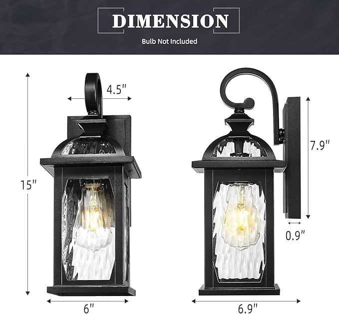 zeyu 2 Pack Outdoor Wall Lamps, 15-inch Black Exterior Light Fixtures for Patio House, Die-Cast Aluminum with Water Ripple Glass, Black Finish, ZD100B-2PK BK-WP-VerdiqueGarden