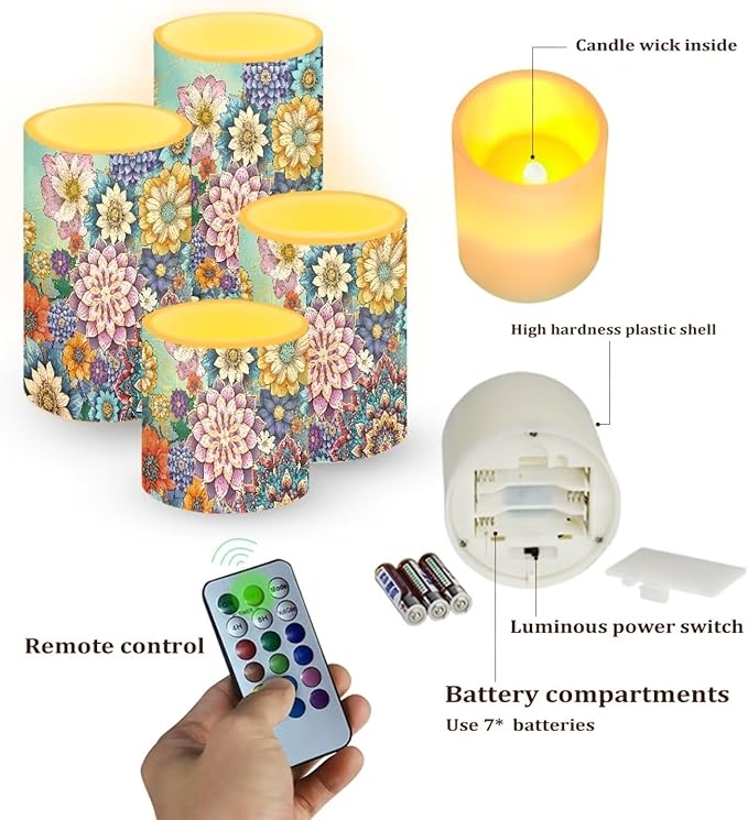 Flameless LED Candles Electric Candles with Remote Timer Control Long Lasting Pillar Candles Tealights Bohemian Style Home Outdoor Decoration Pack of 4, Boho Flower Purple Blue-VerdiqueGarden
