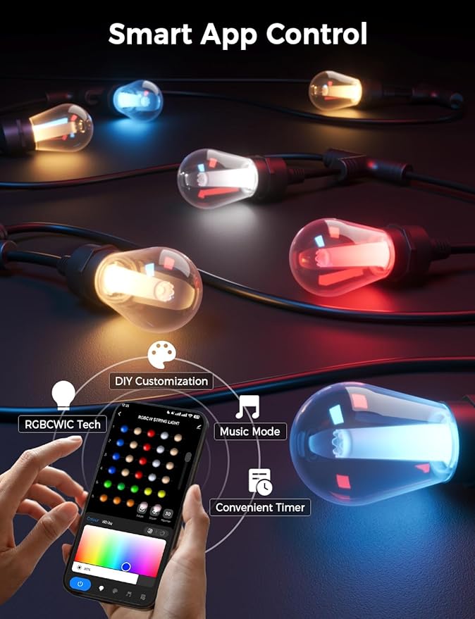 XMCOSY+ Smart Outdoor String Lights, 98Ft Patio Lights Waterproof, App Control, Compatible with Alexa, RGBCWIC Color Changing LED String Light for Outside-VerdiqueGarden