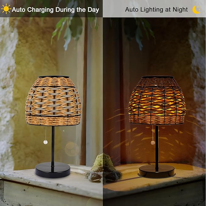 Outdoor Solar Table Lamp,3 Color Temperatures Bedside Lamps with USB-C Ports,Boho Desk Lamps Pull Chain Table Lamps with Black Metal Base for Garden,Yard,Patio,Lawn Outdoor Decor-VerdiqueGarden
