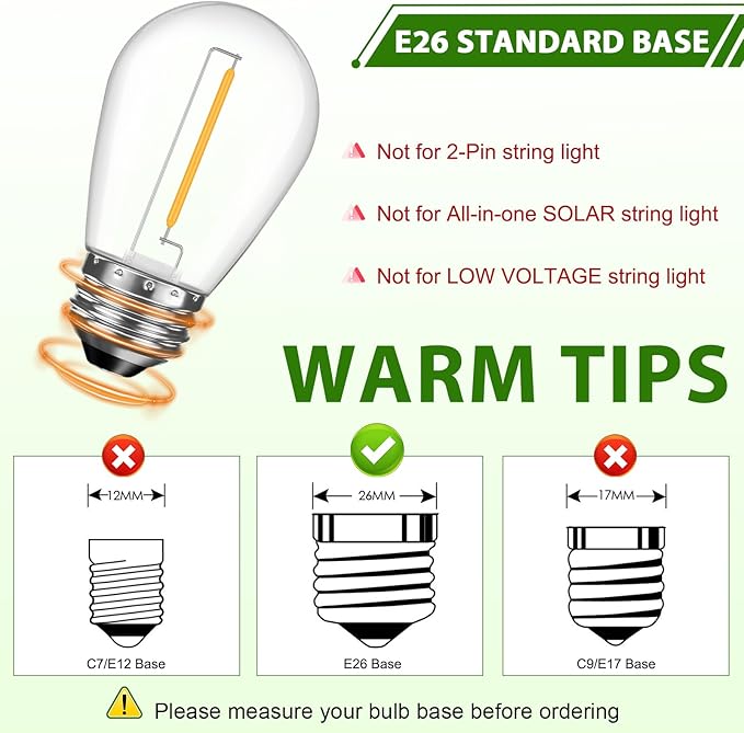 LED S14 Replacement Light Bulbs for Outdoor String Lights, 1W Shatterproof Edison Light Bulbs for Outside Patio Garden, E26 Standard Base, Dimmable, 2200K Warm White, 15 Pack-VerdiqueGarden