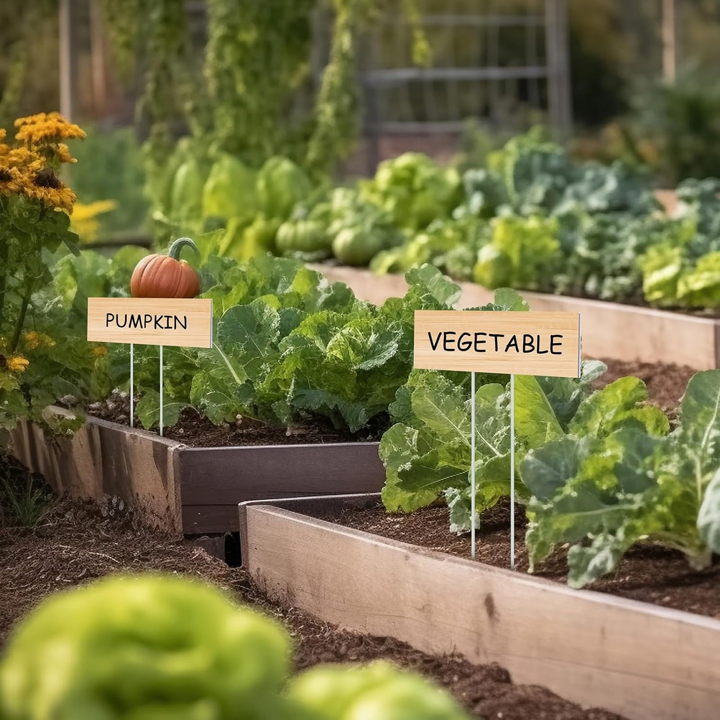 10 Set Jumbo Outdoor Plant Label Stakes Waterproof Nursery Garden Markers Plastic T Type Plant Tag Identification Stake with Marker Pen for Herb Vegetable Flowers, 12" High(Wood Color)-VerdiqueGarden