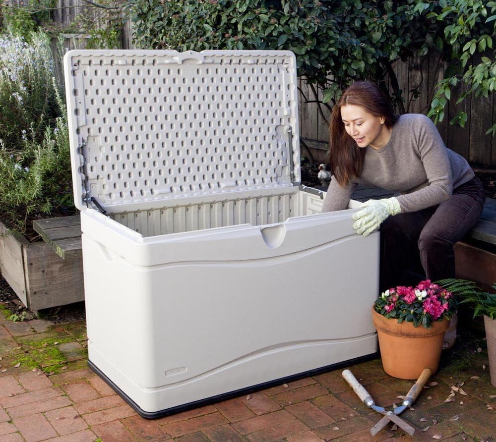 LIFETIME 60059 Black Bottom & Desert (Tan) Sides and Lid Outdoor Storage Box-80 Gal, 80 Gallon, Desert Sand-VerdiqueGarden