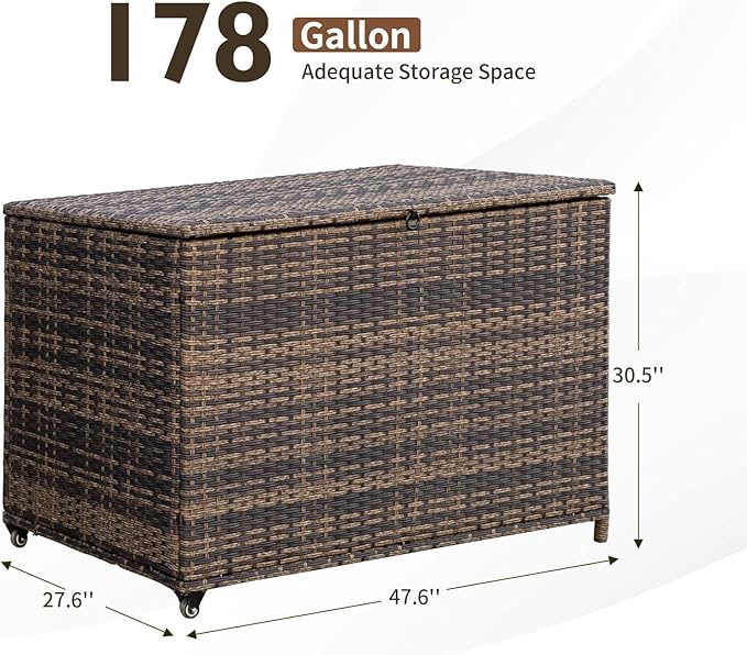 178 Gallon Outdoor Storage Box, Handle Large Portable Wicker Rattan Deck Box for Patio Furniture Cushions, Patio Deck Box with 2 WheelsThrow Pillows, Garden Tools and Pool Floats (Brown)-VerdiqueGarden