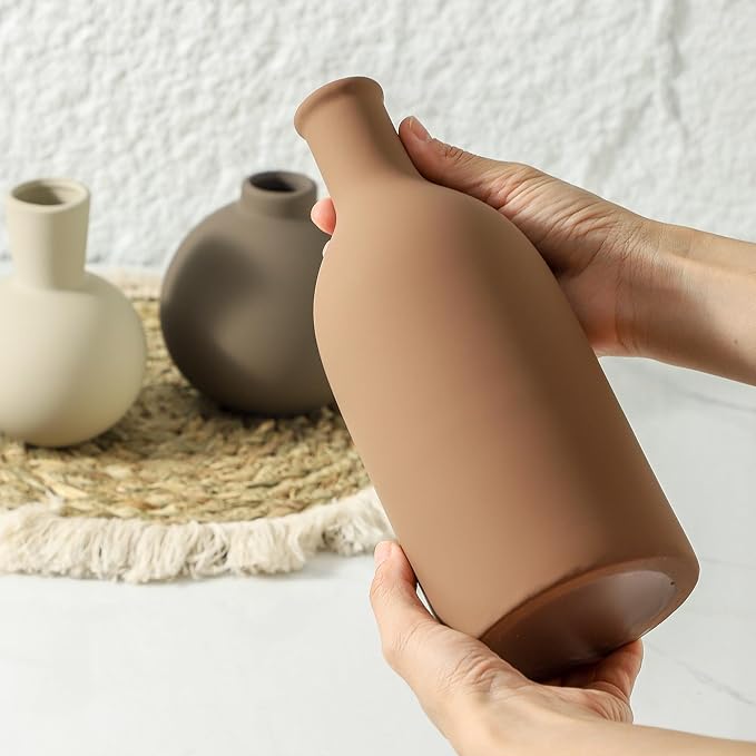 Vase Set of 3 | Ceramic Neutral Vases Home Decor | Rustic Flower Pottery Vases Modern Farmhouse Vase for Table Entryway Mantel Centerpiece Bookshelf Living Room Bathroom Bedroom -Brown Large-VerdiqueGarden