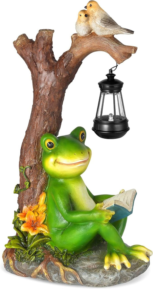 Outdoor Funny Frog Statue, Resin Reading Frogs Garden Decor, Solar Frog Gift Sculpture Decoration for Home Patio, Yard, Lawn, Porch, Ornament-VerdiqueGarden