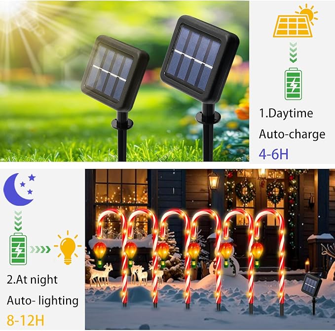 12 Pack Outdoor Solar Christmas Decorations, 180 Bright LED Solar Candy Cane Christmas Lights 8 Lighting Modes, Waterproof Outside Xmas Decorations with Lantern Decor Lights for Pathway Yard Garden-VerdiqueGarden