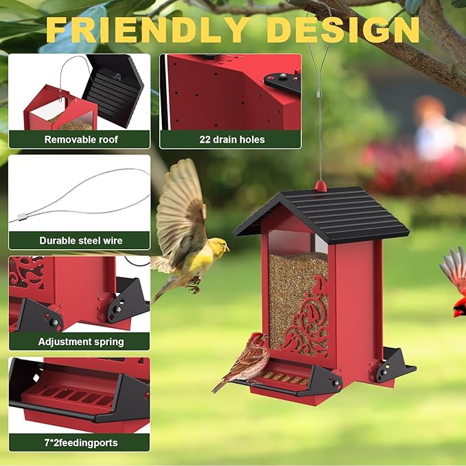 Squirrel Proof Bird Feeder for Outdoor Hanging,Metal Bird Seed Feeder with Bilateral Weight Activated Perches,5LB Large Capacity Wild Bird Feeders for Outside,Easy Refill and Clean,Red-VerdiqueGarden