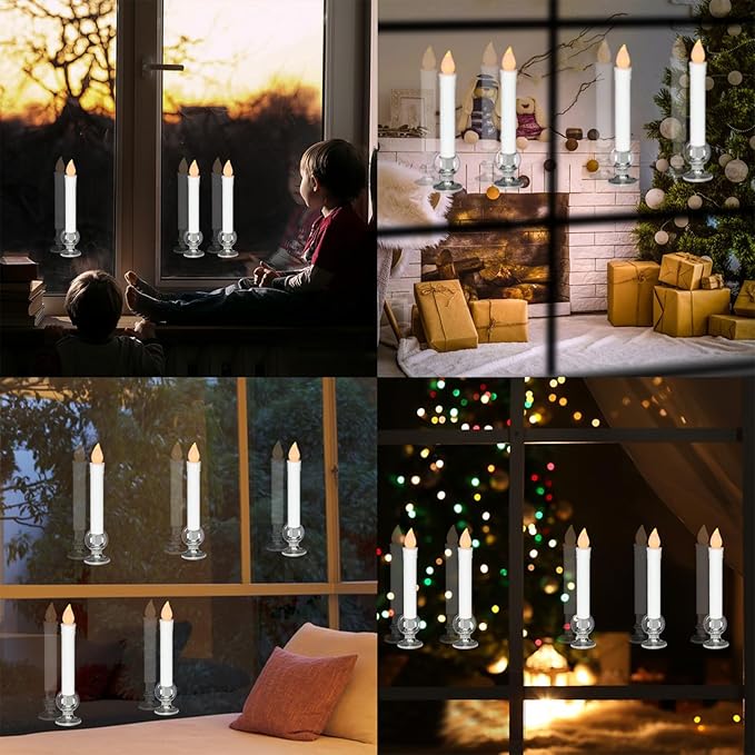 DRomance 9" Flameless Window Taper Candles Battery Operated with 8-Key Remote and Timer, 8 Pack White Christmas Holdiay Window Candles with Silver Holders, Suction Cups and AA Batteries Included-VerdiqueGarden