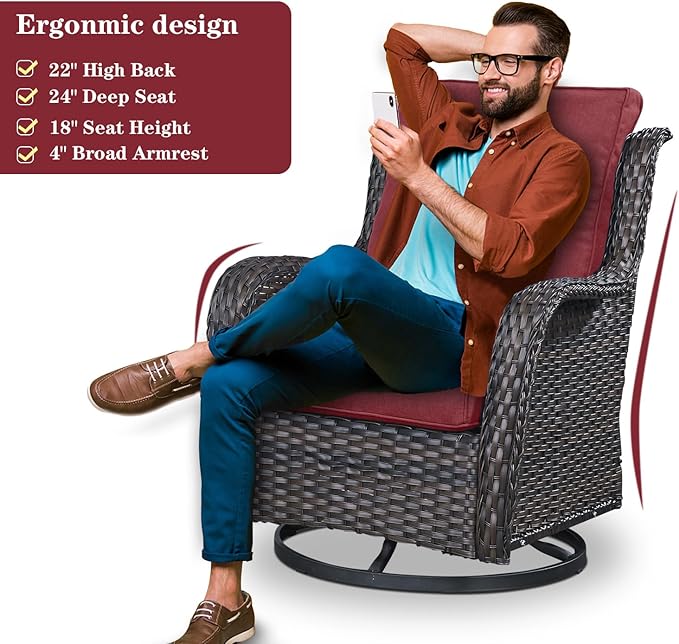 5 Piece Outdoor Patio Furniture Set - Wicker Furniture Patio Conversation Set, Outdoor Swivel Rocker Chairs with 3-Seater Sofa and 2 Ottomans for Small Space, Red Cushion-VerdiqueGarden