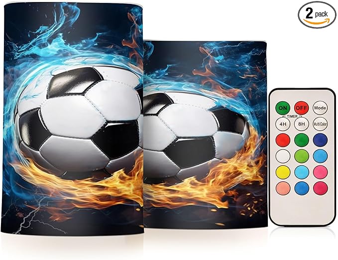 Flickering Flameless Candles, Soccer Ball LED Candles with Remote Timer, Set of 2 Battery Operated Candle for Valentine Wedding Birthday-VerdiqueGarden