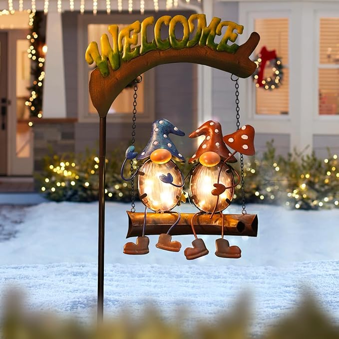 HONGLAND Solar Lights Outdoor Decor, Gnomes Swing Garden Decor, Funny Gifts for Women Mom, Gnomes Outdoor Decorations with Welcome Sign for Front Porch Patio-VerdiqueGarden