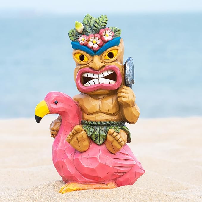 Solar Tiki Statue Flamingos Decor - Tiki Decorations Outdoor for Bar, Patio, Balcony, Yard,Lawn Ornament-VerdiqueGarden