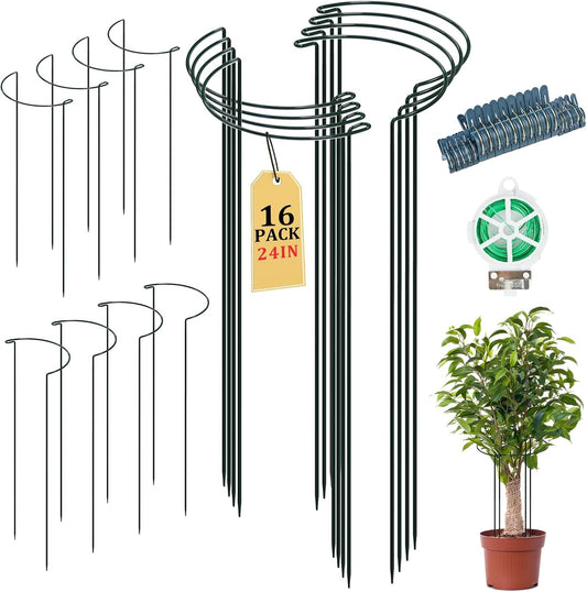 16 Pack 24 inch Plant Support Stakes, Half Round Peony Cage and Support, Adjustable Plant Support Stand with Clips & Twist Tie Garden Stakes for Indoor Outdoor, Heavy Duty Plant Support Ring-VerdiqueGarden