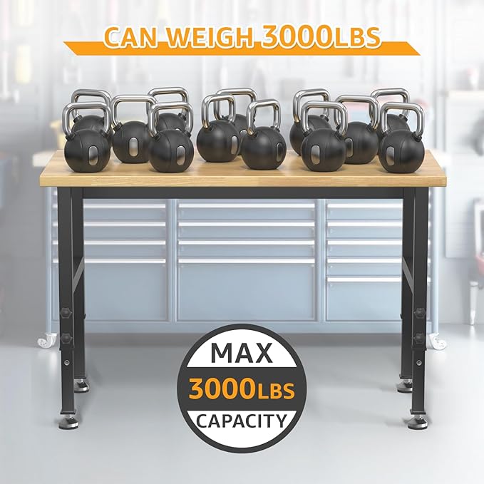 48" Adjustable Workbench,Heavy-Duty Work Table,3000 LBS Load Capacity Hardwood Workstation with Fixed feet,for Workshop, Garage-VerdiqueGarden