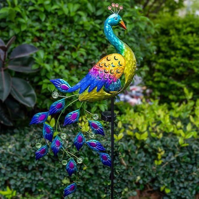 DREAMSOUL Solar Garden Lights Outdoor, Metal Peacock Decor Solar Lights Garden Stakes with Led String Lights, Waterproof Crackle Glass Ball Landscape Path Light for Lawn Patio-VerdiqueGarden