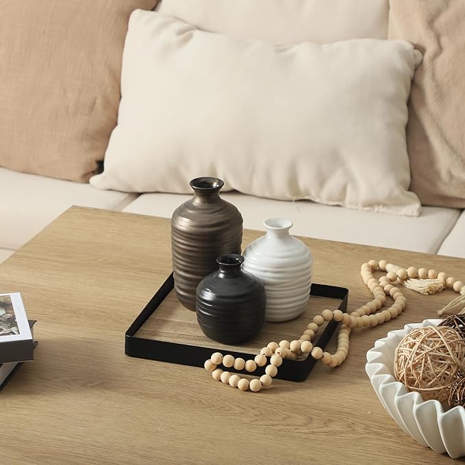 Ceramic Vase Set of 3 Decorative Vase for Home Decor Modern Farmhouse Decor Pottery Neutral Vases for Living Room Bathroom Table Mantel Fireplace Entryway Shelf (02-Metallic)-VerdiqueGarden