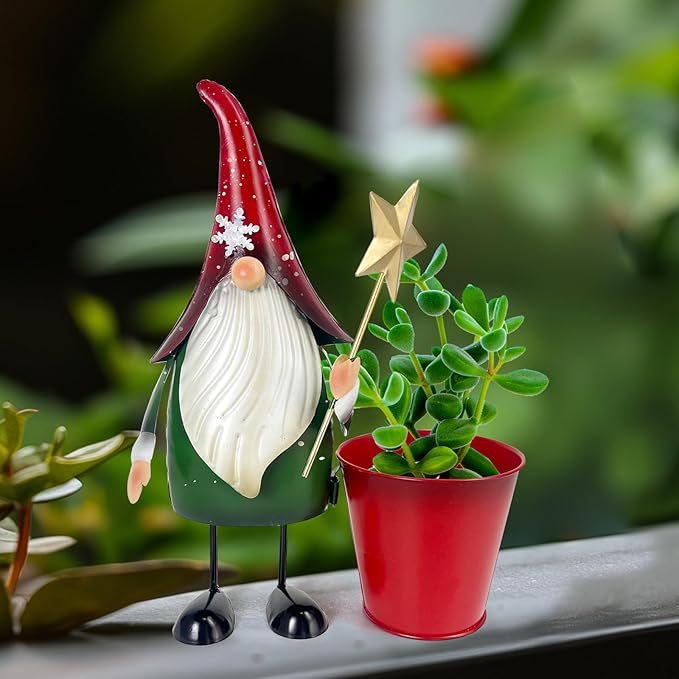 HONGLAND Outdoor Decorations Metal Gnome Yard Art Garden Gnomes Statue 13 Inch Santa Figurine, Succulent Flower Pot, Fun Metal Planter-VerdiqueGarden