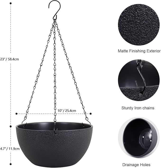 10 inch Hanging Planters for Indoor Outdoor Plants, 2 Pack Hanging Flower Pots with Drainage Holes and Chain for Garden Porch Plants, Round Plastic Hanging Baskets for House Plants, Black-VerdiqueGarden