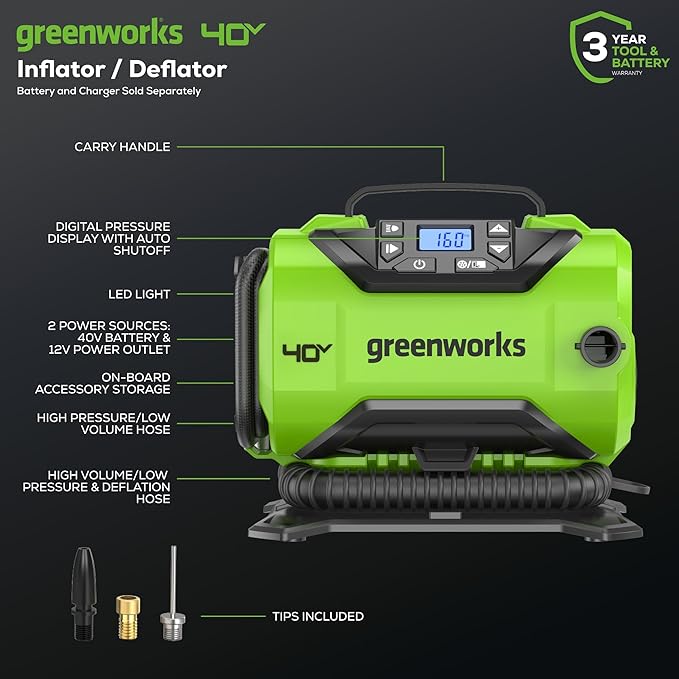 Greenworks 40V 21" Self-Propelled Lawn Mower,Axial Leaf Blower(500 CFM / 120 MPH),13" String Trimmer, 160 PSI Portable Tire Inflator, Includes 2 Batteries(5Ah+2Ah) & Chargers-VerdiqueGarden
