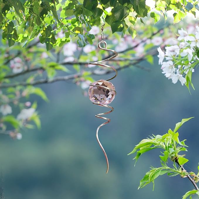 FONMY Gazing Ball Spiral Tail -Decorative Wind Spinner Sun Catcher Rainbow Maker 11 inch Tail and 2 inch Pink Crystal Orb. Indoor Outdoor Garden Decoration -13 inch Height-VerdiqueGarden