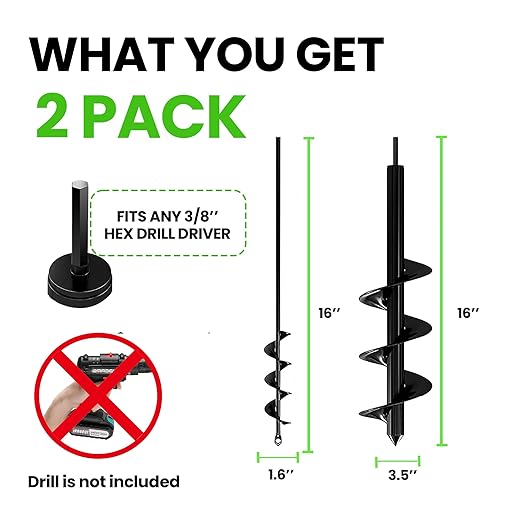 K-Brands Auger Drill Bit for Planting 2 Pack 1.6 x 16 Inch & 3.5 x 16 Inch Set – Garden Spiral Hole and Bulb Planter Tool for Umbrella Holes - Compatible with 3/8 Inch Hex Drive-VerdiqueGarden