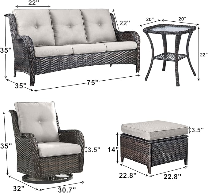 Outdoor Wicker Patio Furniture Set - 6 Piece Rattan Patio Conversation Set with 2 Rocking Swivel Chairs,2 Ottomans,1 Sofa and 1 Side Table for Porch Deck Backyard Garden(Brown/Beige)-VerdiqueGarden