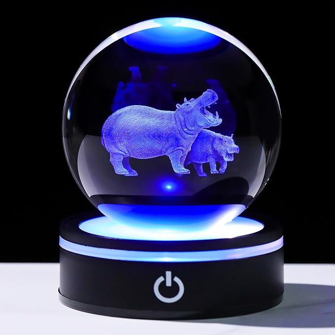 YWHL 3D Hippo Crystal Ball Figurine with LED Base Laser Hippopotamus Gifts for Women Men on Christmas Birthday Decorative Hippo Ball Glass Hippopotamus Globe Night Light for Home Decor (80mm)-VerdiqueGarden