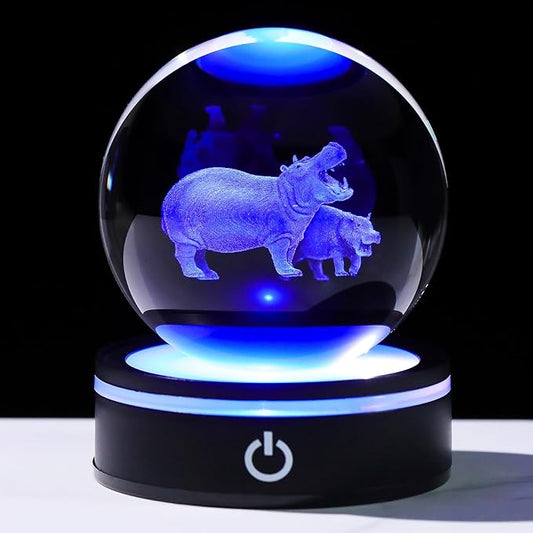 YWHL 3D Hippo Crystal Ball Figurine with LED Base Laser Hippopotamus Gifts for Women Men on Christmas Birthday Decorative Hippo Ball Glass Hippopotamus Globe Night Light for Home Decor (80mm)-VerdiqueGarden