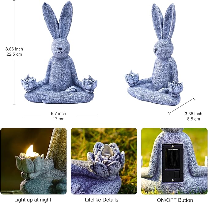 Goodeco Zen Rabbit Statue with Solar Lotus - Garden Yoga Bunny with LED Solar Lotus Lights, Sitting Meditating Buddha Rabbit Serene Resin Figurine for Patio Yard Lawn Ornaments, Home or Outside-VerdiqueGarden