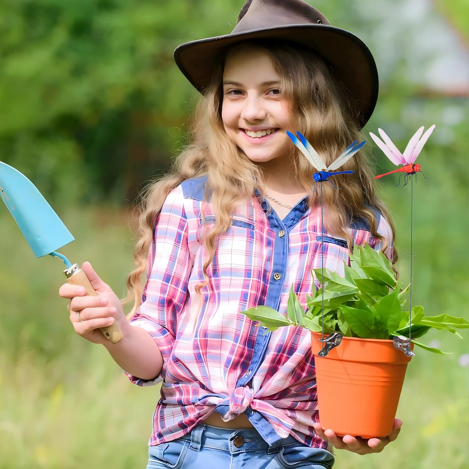 Jongdari 12 Sets Dragonfly Hat Clip Realistic Fake Dragonflies Clip-On Garden Outdoor Decor Stakes Plastic Dragon Fly Clips Plant Decorations for Pots, Includes Pliers & Clips-VerdiqueGarden