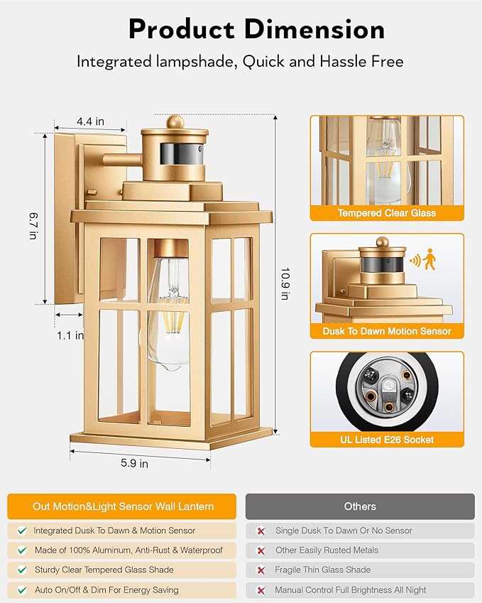 Motion Sensor Outside Lights for House, Modern Dusk to Dawn Outdoor Lighting, 2 Pack Gold Anti-Rust Outdoor Wall Lights with Transparent Glass, Waterproof Outdoor Porch Lights for House, Patio-VerdiqueGarden