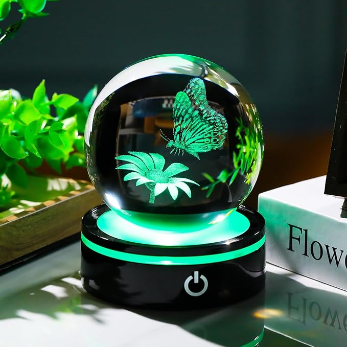 YWHL 3D Crystal Ball Butterfly and Flower Figurine with Colorful LED Base, Laser Butterfly Gifts for Women Men on Christmas Birthday, Crystal Ball Butterfly Decor Night Light for Home Decor (80mm)-VerdiqueGarden