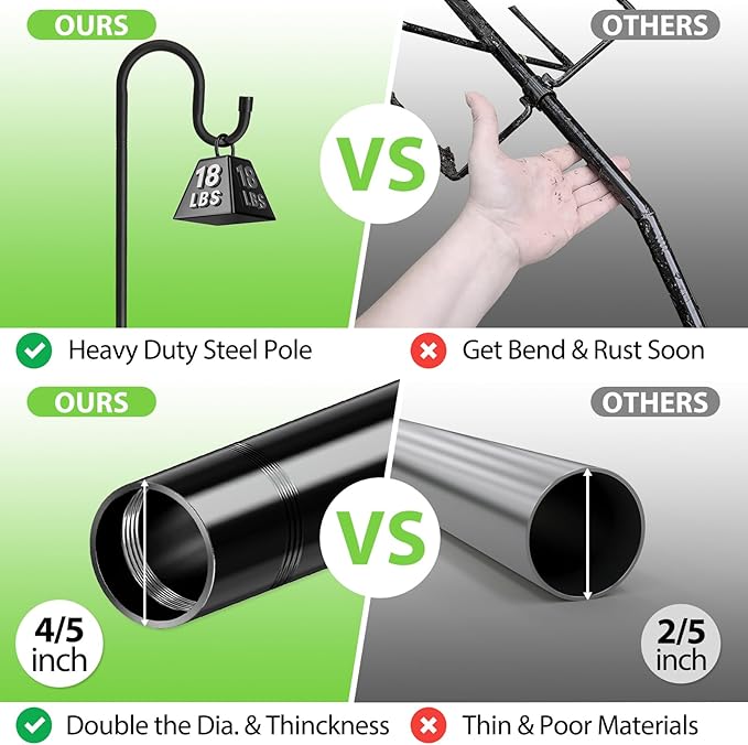 Shepherds Hooks, 62" Bird Feeder Pole for Outdoor, 4/5” Thick Hummingbird Feeders Stand Heavy Duty, Hanging Plant Hanger Stake with 5-Prong Base, Metal Shepard Stick-VerdiqueGarden