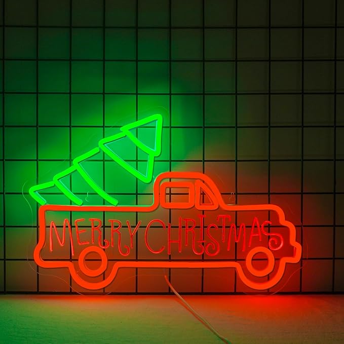 WLHOPE Christmas Truck Neon Sign,Merry Christmas Neon Signs for Wall Decor,Dimmable Merry Christmas Led Signs for Christmas Party Backdrop Bedroom Window Bar Club Shop,Christmas Gift Decoration-VerdiqueGarden