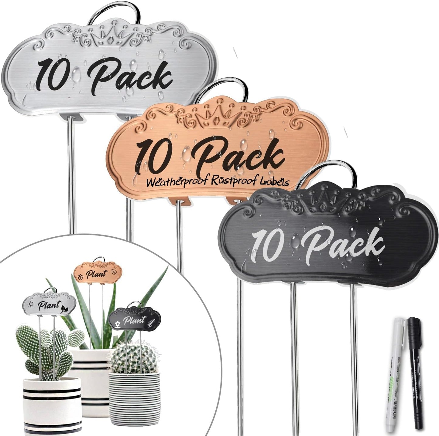 30 PacksTCYPUHL Metal Plant Labels, Tall Outdoor Garden Markers for Flowers, Fruits and Vegetables, 304 Stainless Steel Weatherproof Signs (4" x 1.9", Silver, Black and Gold)-VerdiqueGarden