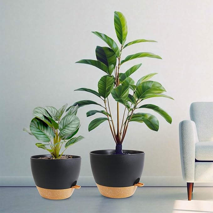 10/9/8 inch Medium Self Watering Pots, Planter, Plant Pots with Mesh Drainage Holes for Indoor Outdoor Garden Plants, Plastic Flower Pots with Removable Deep Reservoir, Black with Brown-VerdiqueGarden